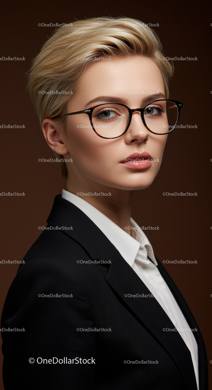Pewna siebie bizneswoman w stylowych okularach i formalnym garniturze