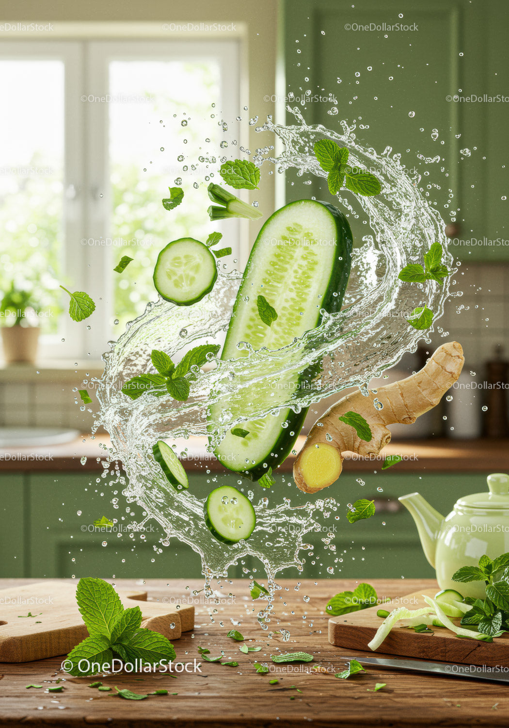Fresh cucumber slices and ginger splashing with water