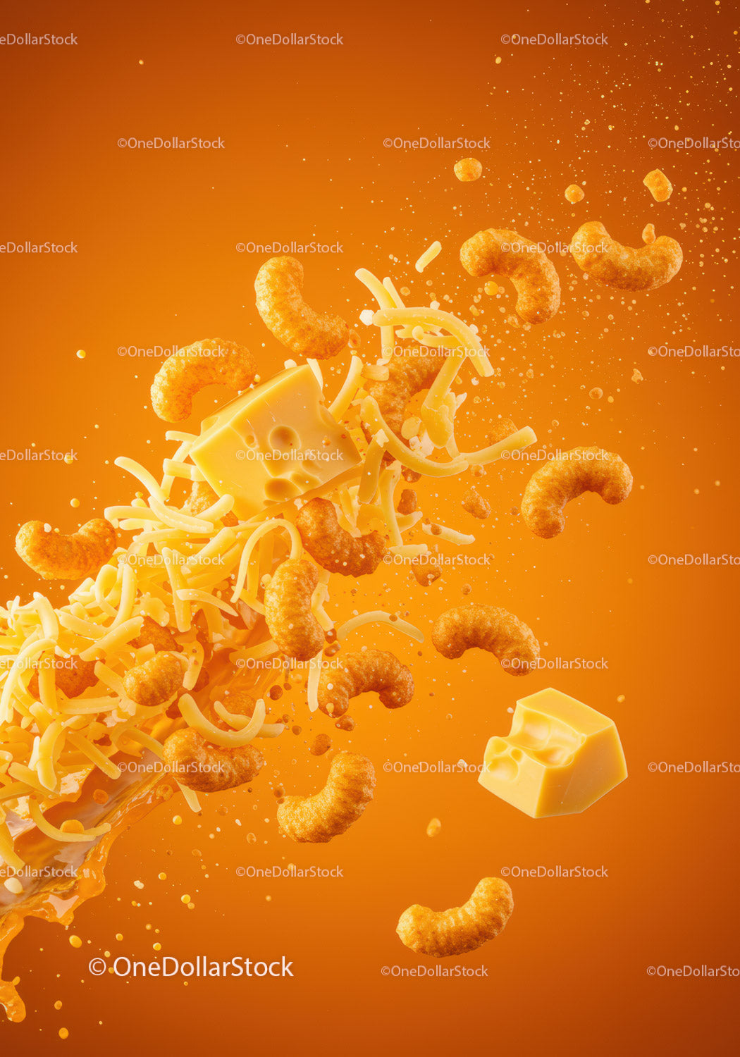 Flying cheesy snacks with shredded and block cheese