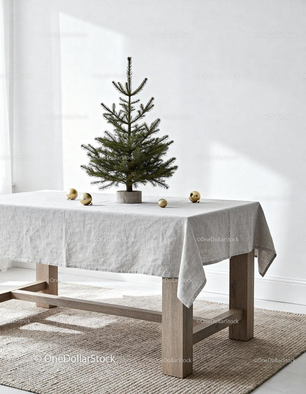 Minimalist spruce tree with golden ornaments on table