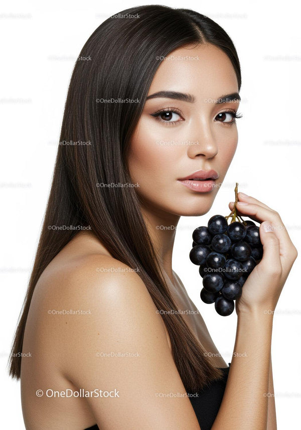 Elegant Woman with Dark Hair Holding Grape Bunch in Studio Portrait