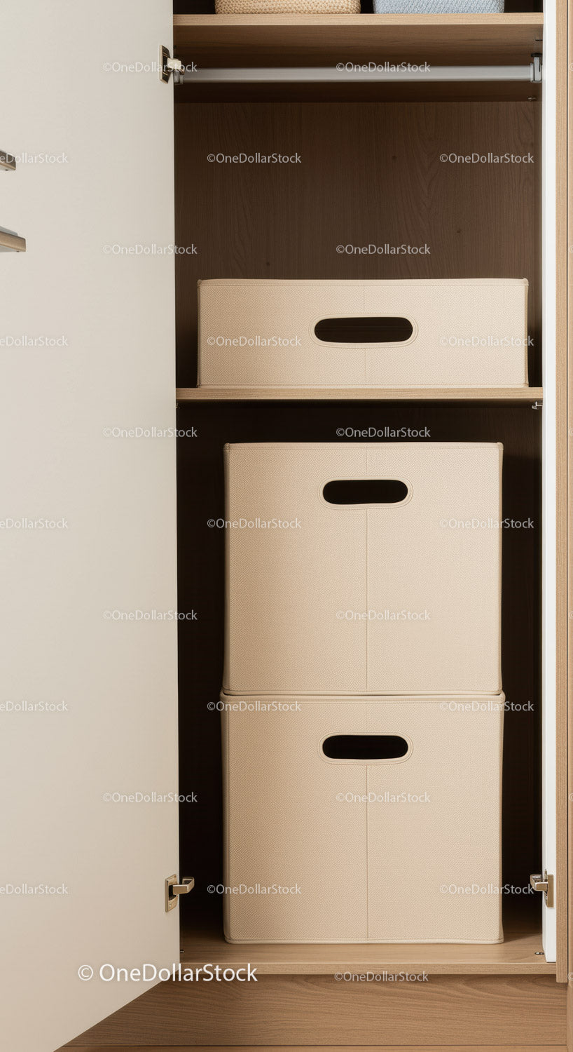 Closet Storage with Beige Cardboard Boxes in Modern Household Interior