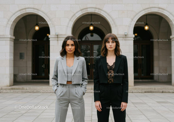 Stylish Business Women Standing Outdoors in Front of Urban Architecture