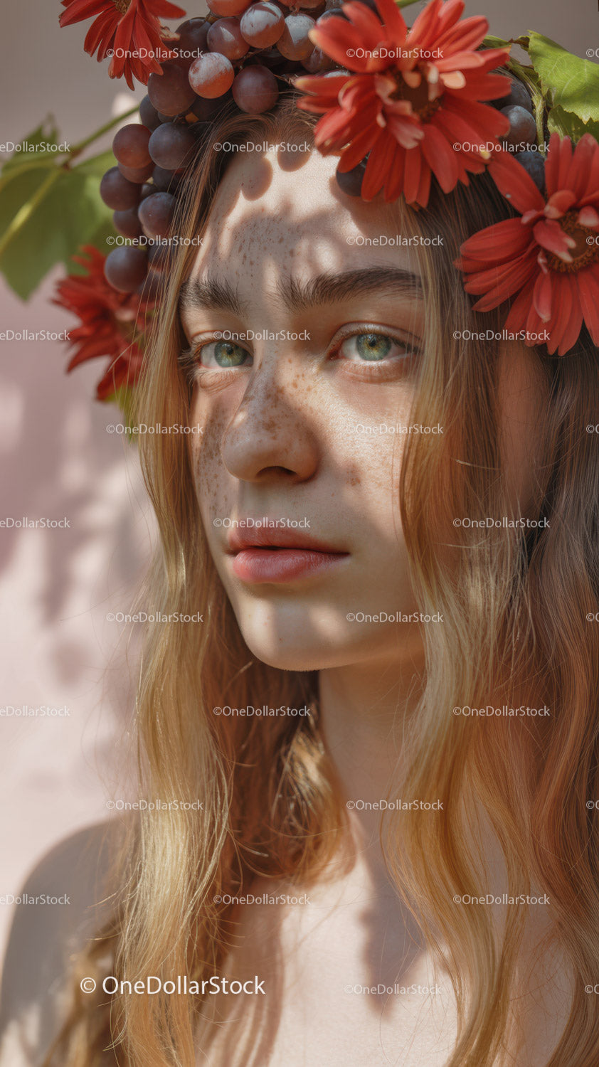 Young Woman with Red Floral Crown and Purple Grapes Outdoor Portrait