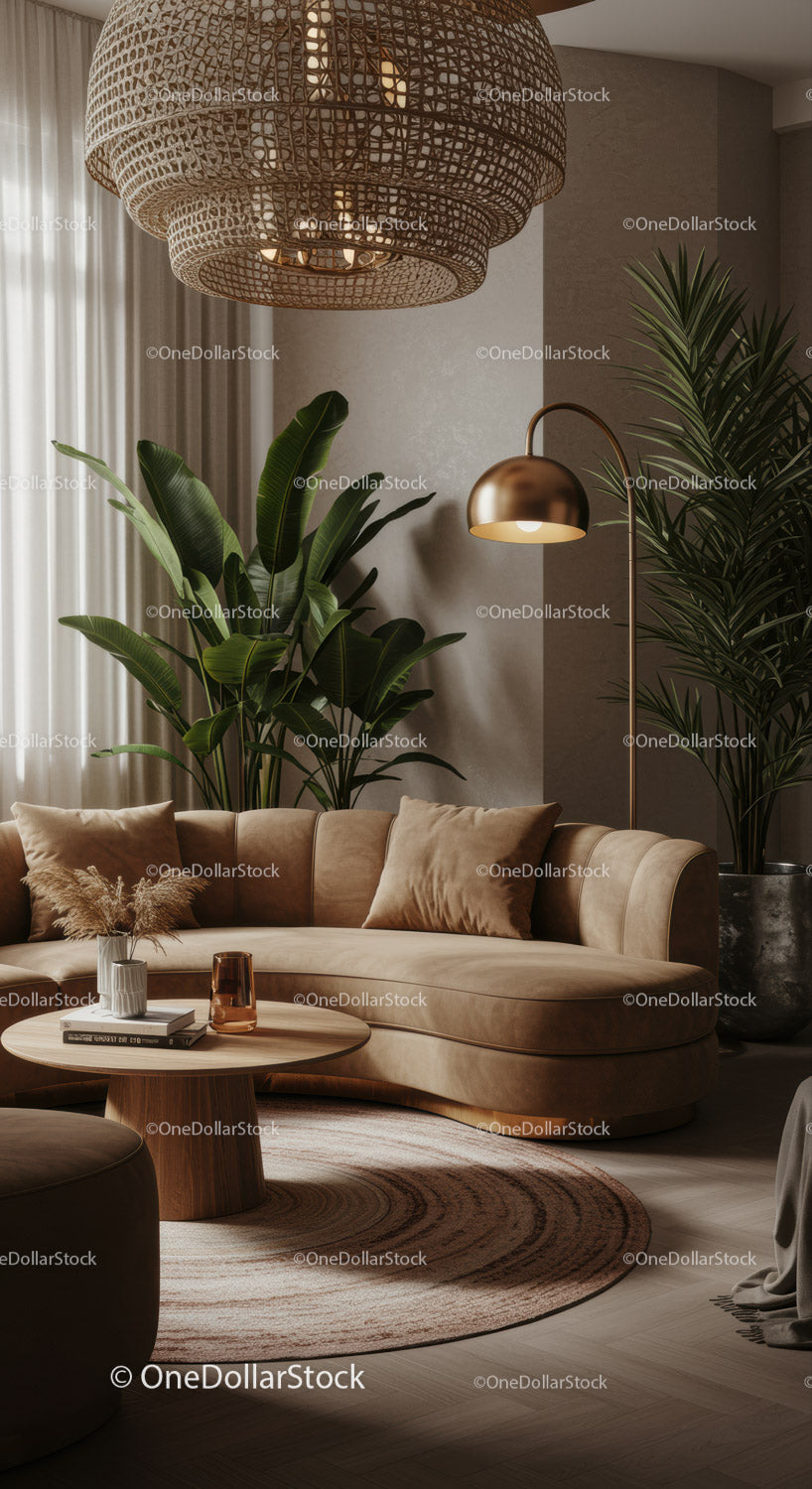 Cozy modern living room with natural elements and soft lighting