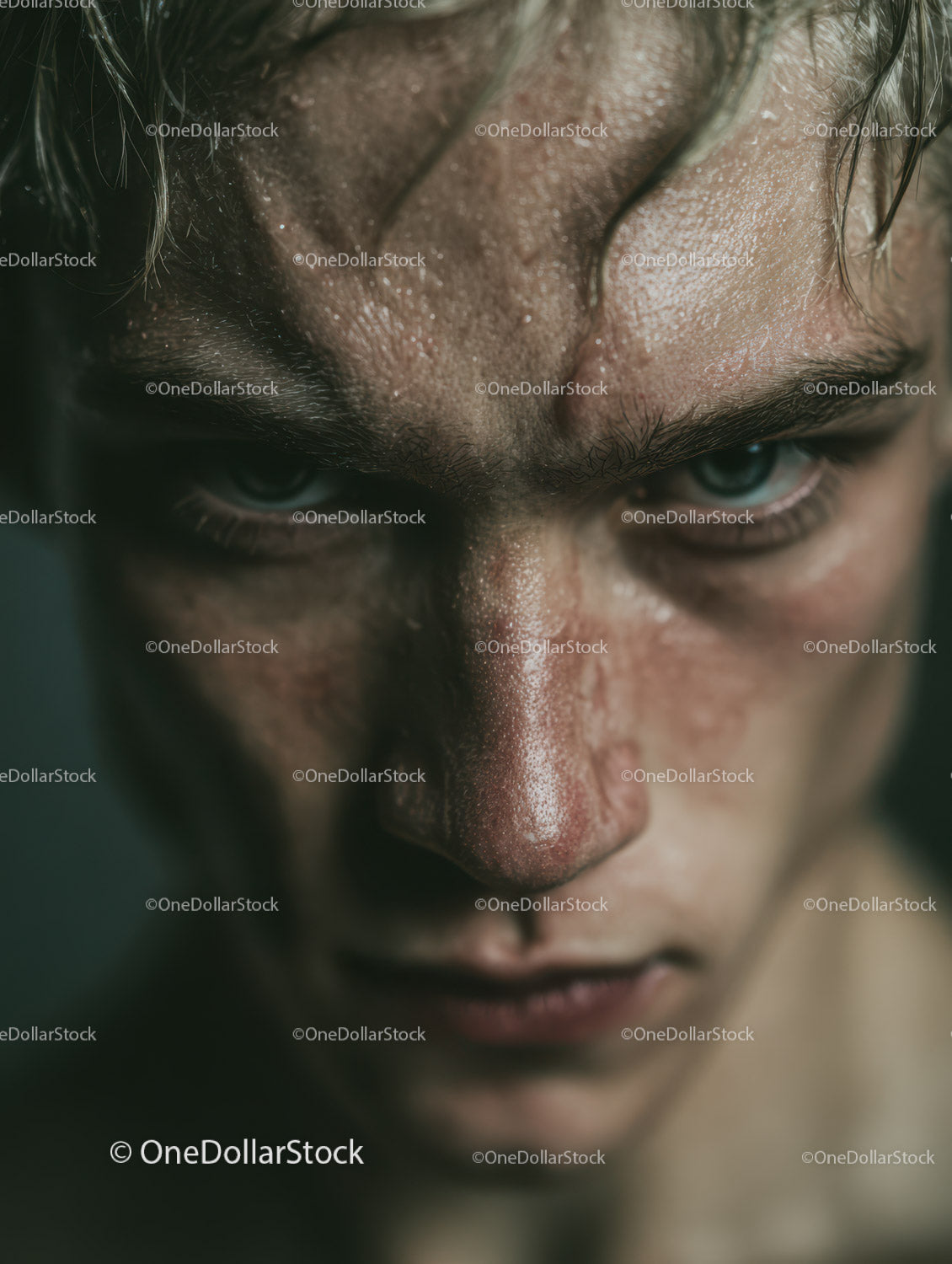 Male Facial Close-Up with Intense Expression and Moist Skin
