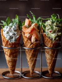 Variety of Gourmet Ice Cream Cones with Toppings on Waffle Cones
