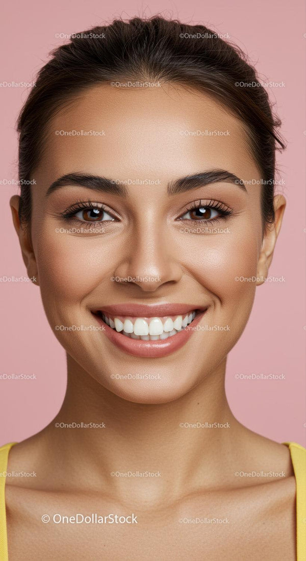Smiling young woman with natural makeup on pink background