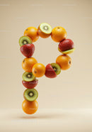 Creative Fruit Arrangement Forming Letter P on Beige Background