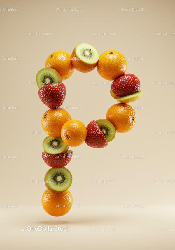 Creative Fruit Arrangement Forming Letter P on Beige Background