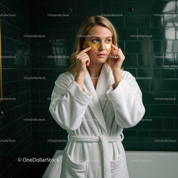 Young Woman Applying Eye Patches in Spa or Bathroom Setting