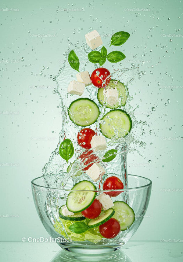 Fresh salad ingredients splashing into glass bowl