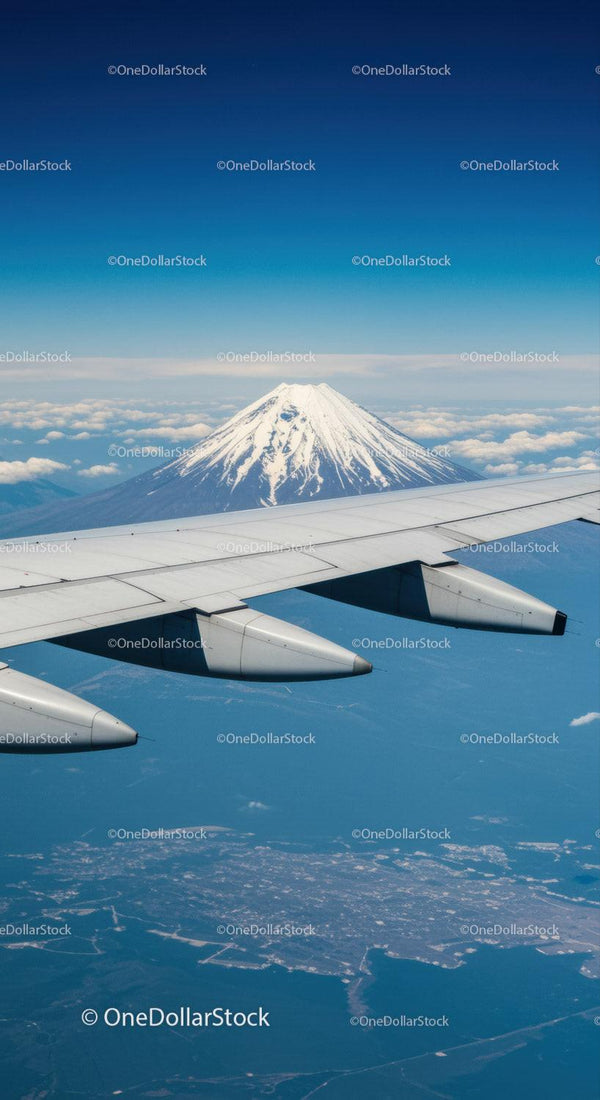 Aerial View of Mount Fuji with Snow-Capped Peak and Aircraft Wing