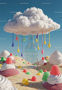 Surreal Candy Landscape with Floating Cloud and Glass Bottle