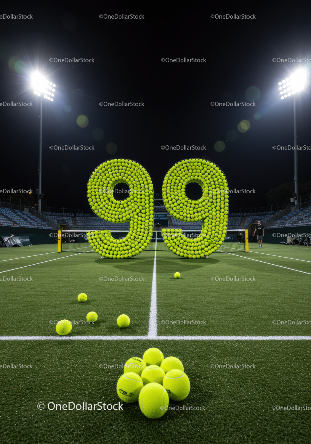 Tennis balls forming number ninety nine on court at night