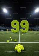 Tennis balls forming number ninety nine on court at night