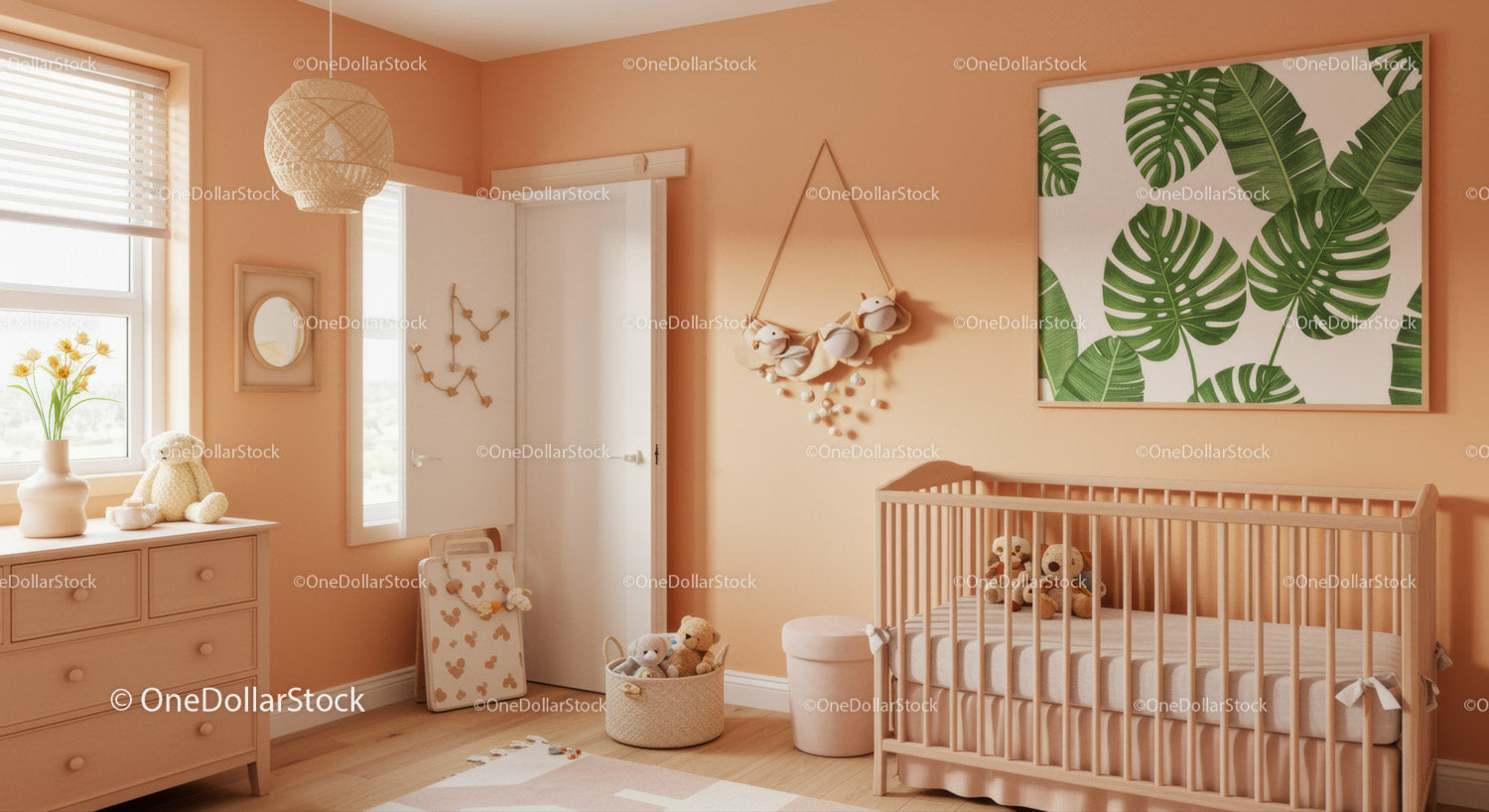 Cozy Baby Nursery with Monstera Wall Art and Plush Teddy Bears