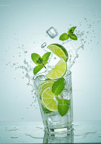Refreshing lime and mint splash in glass with ice cubes