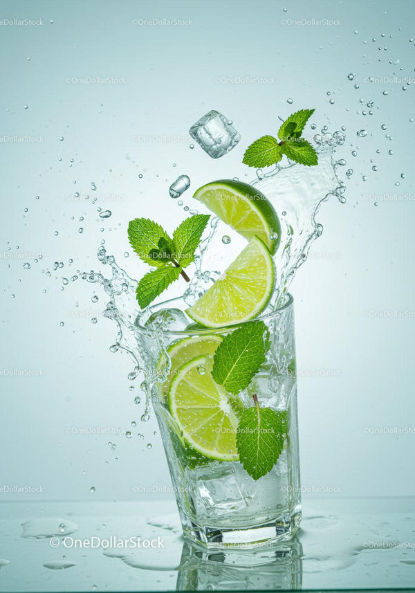 Refreshing lime and mint splash in glass with ice cubes