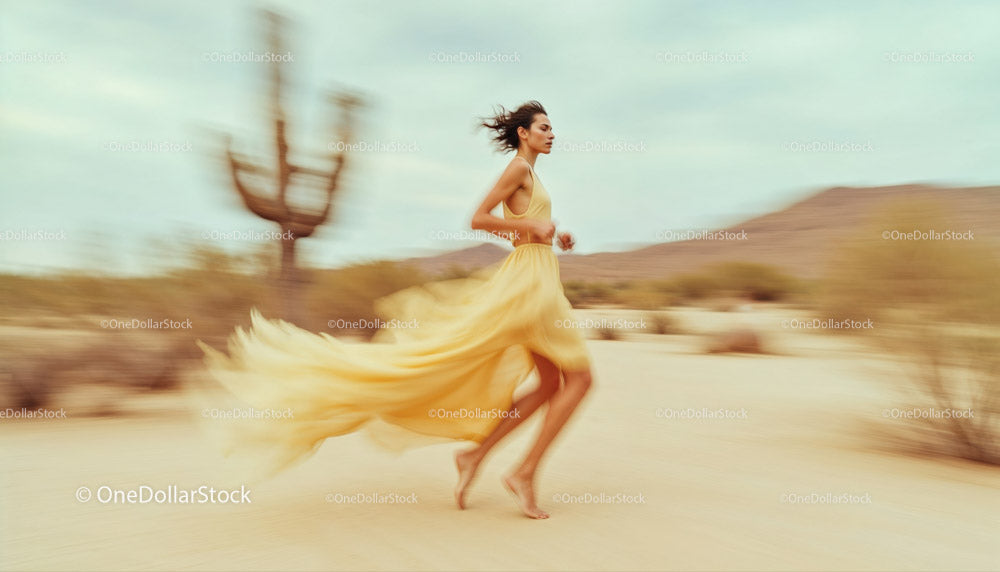 Woman Running in a Desert Landscape with Cacti