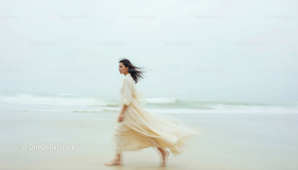Graceful Woman Walking Along a Serene Beach at Dusk