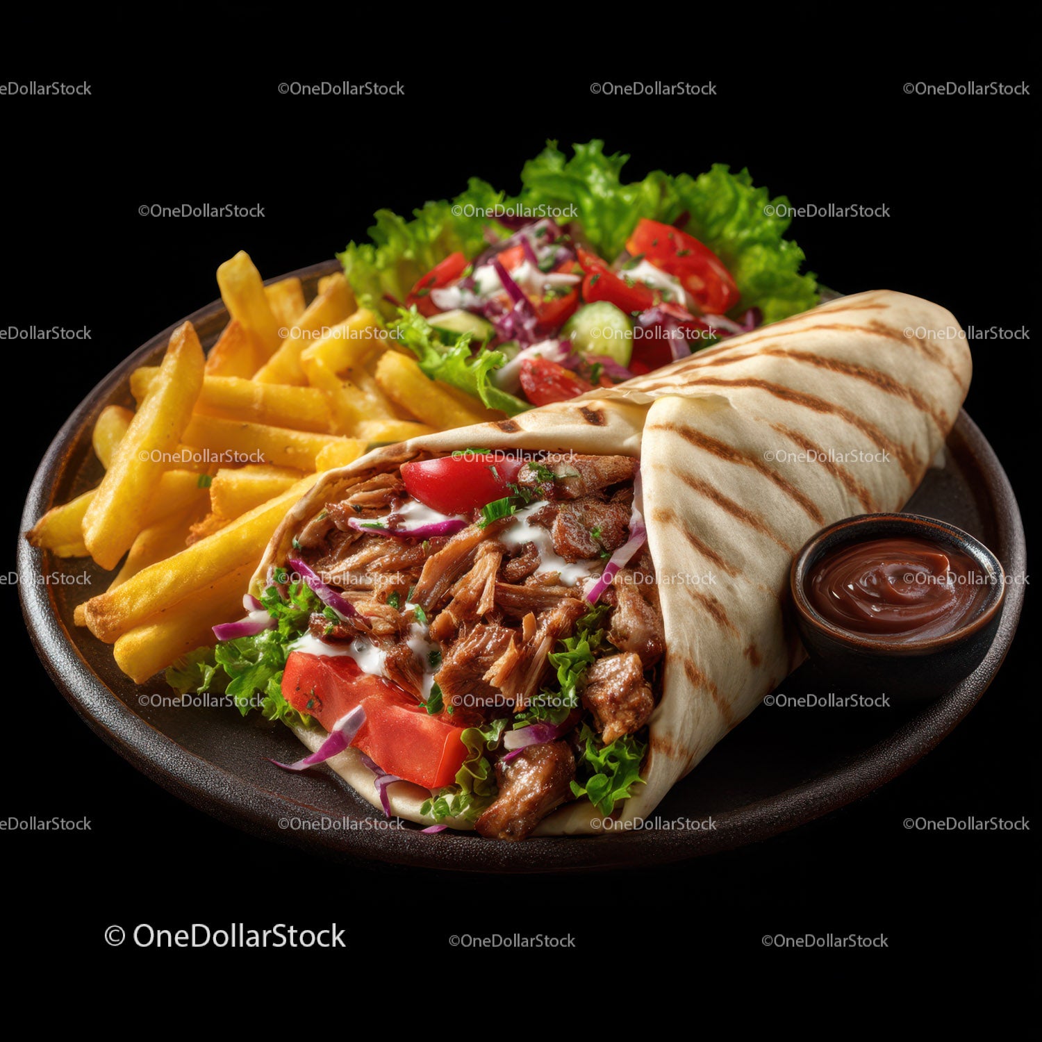 Delicious Gyros Pork Wrap with Fresh Vegetables and Dip
