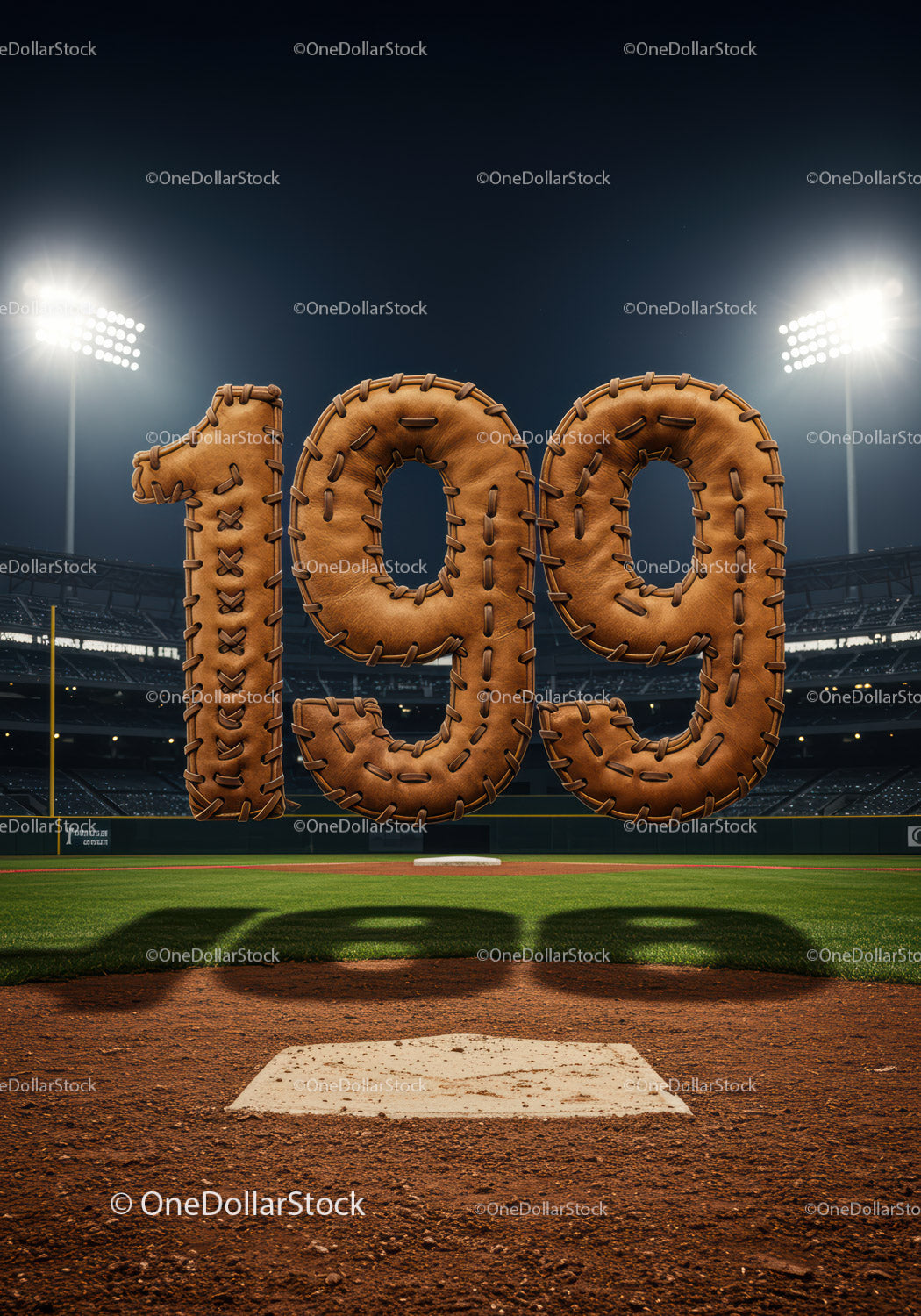 Baseball stitched leather numbers 199 on stadium field