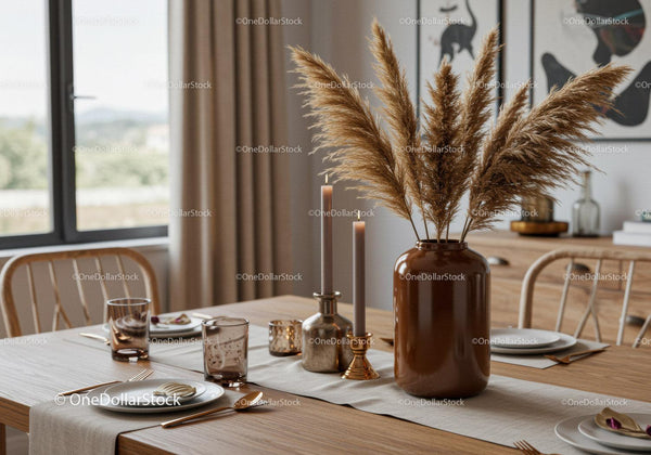 Elegant Dining Room with Pampas Grass and Candles in Neutrals