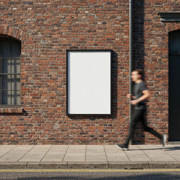 Blank vertical poster on urban brick wall with runner JPG Mockup Image
