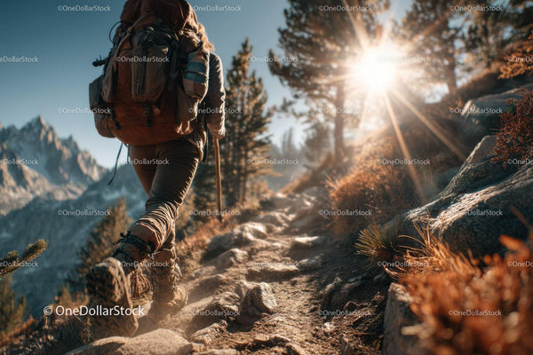 Woman Hiking Through Mountain Trail with Backpack in Scenic Landscape