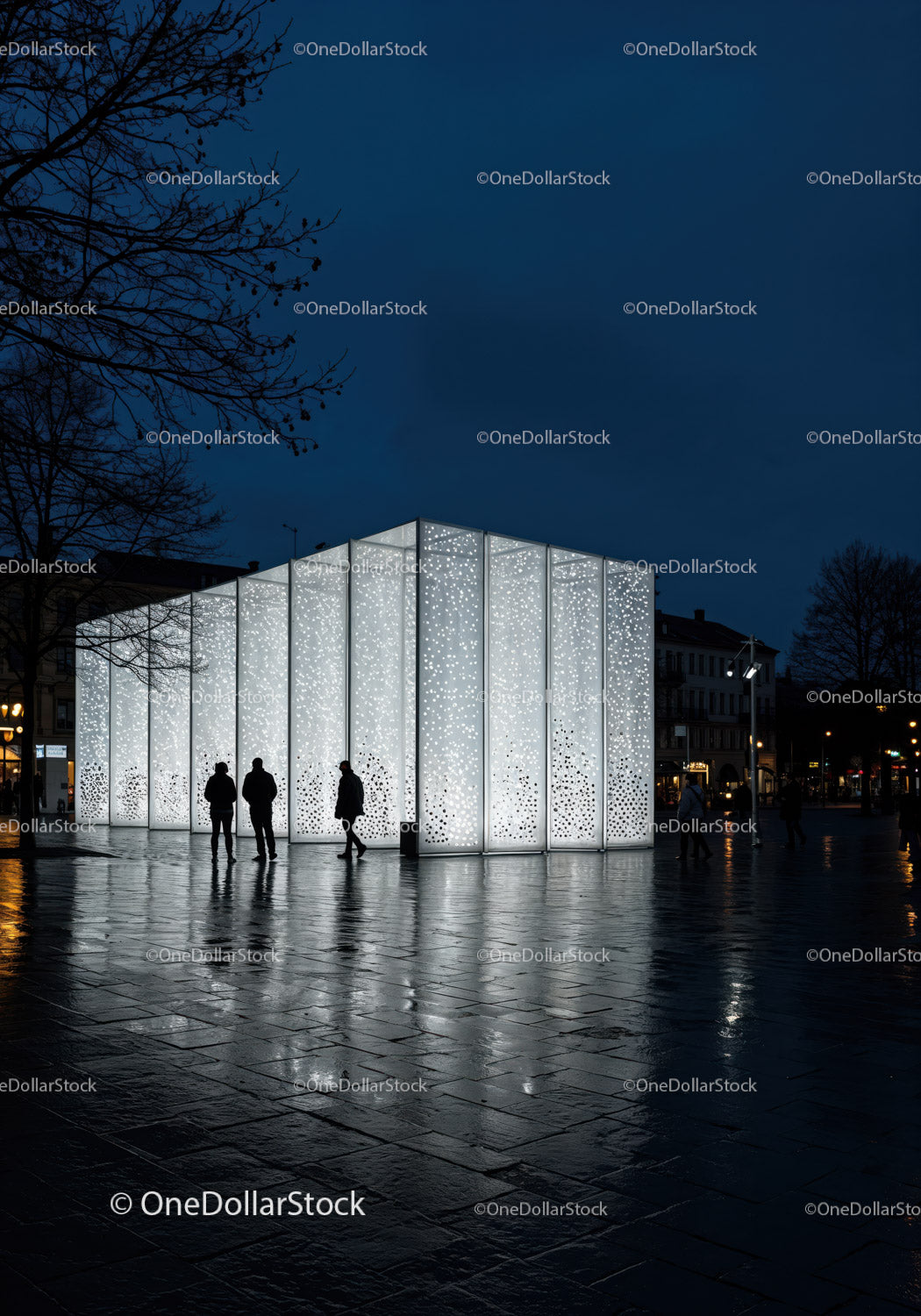 Illuminated Modern Art Installation in Urban Night Scene