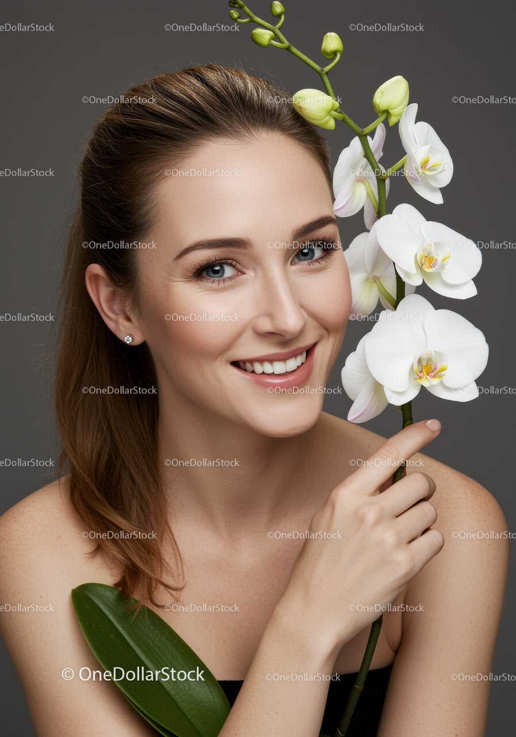 Beautiful Woman with White Orchid Flowers and Fresh Smile