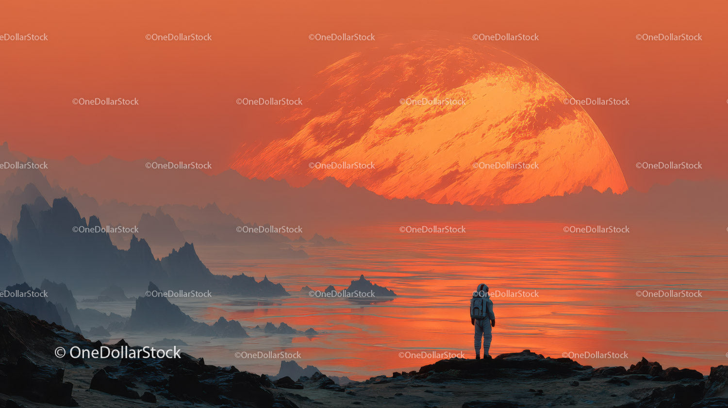 Astronaut Exploring a Surreal Alien Landscape with a Giant Orange Planet