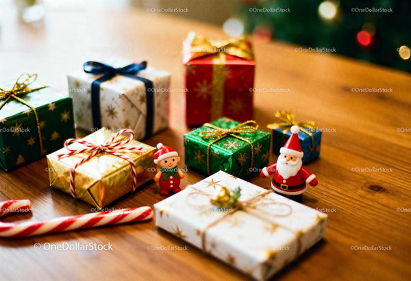 Christmas gifts and festive decorations on wooden table