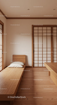 Minimalist Japanese Interior with Wooden Bed and Sliding Doors