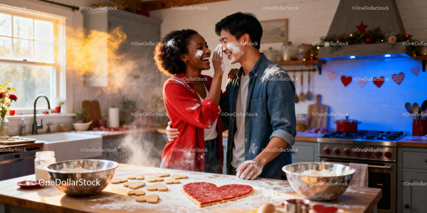 Couple Playfully Baking Heart-Shaped Cookies Together