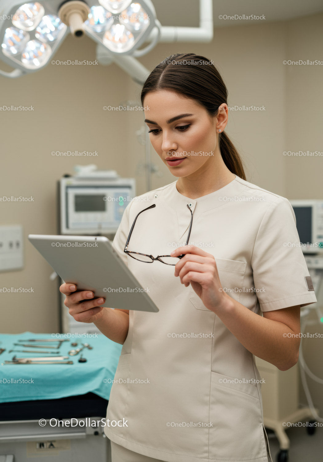 Kobieta pracująca w zawodzie medycznym sprawdza tablet w nowoczesnym pokoju szpitalnym