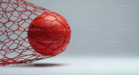 Red Soccer Ball Hitting Goal Net Against Minimalist Background