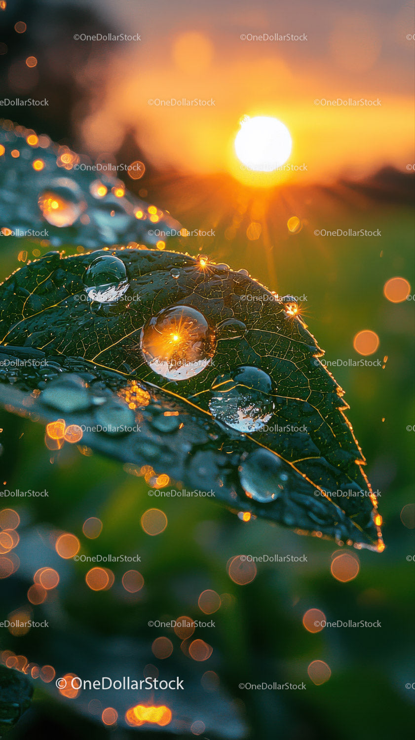 Close-up of Dew Drops on Green Leaf with Sunrise in Natural Setting
