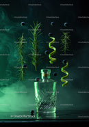 Elegant glass bottle with herbs and citrus zest smoke effect
