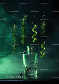 Elegant glass bottle with herbs and citrus zest smoke effect