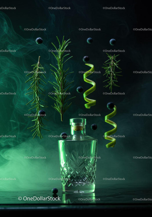 Elegant glass bottle with herbs and citrus zest smoke effect
