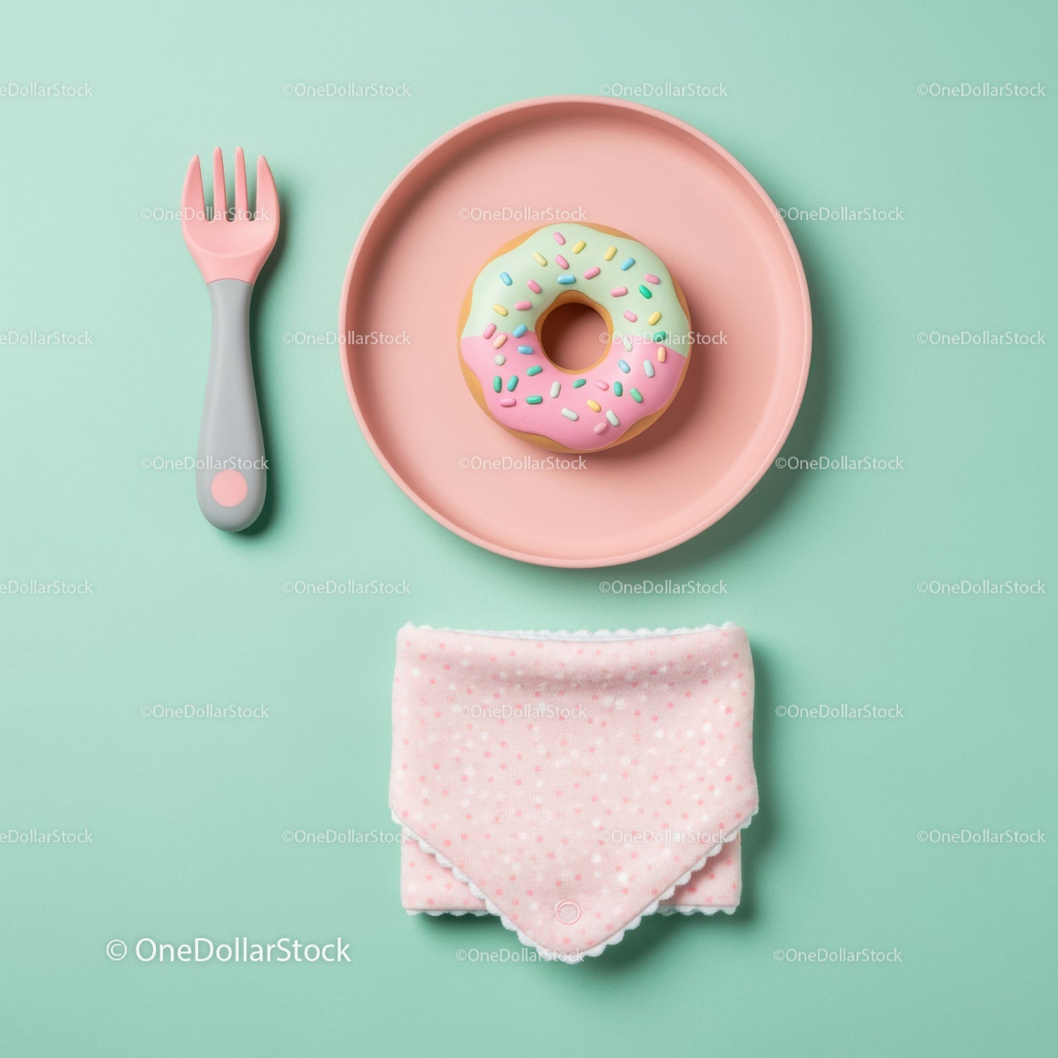 Pastel baby feeding set with colorful donut toy