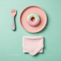 Pastel baby feeding set with colorful donut toy
