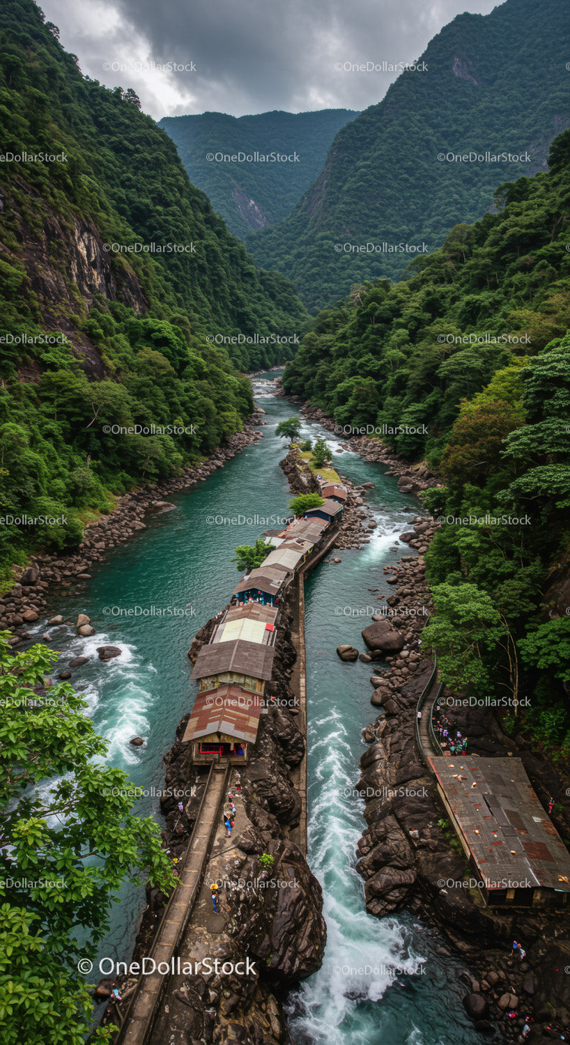 Scenic Mountain River Canyon Surrounded by Lush Green Forest