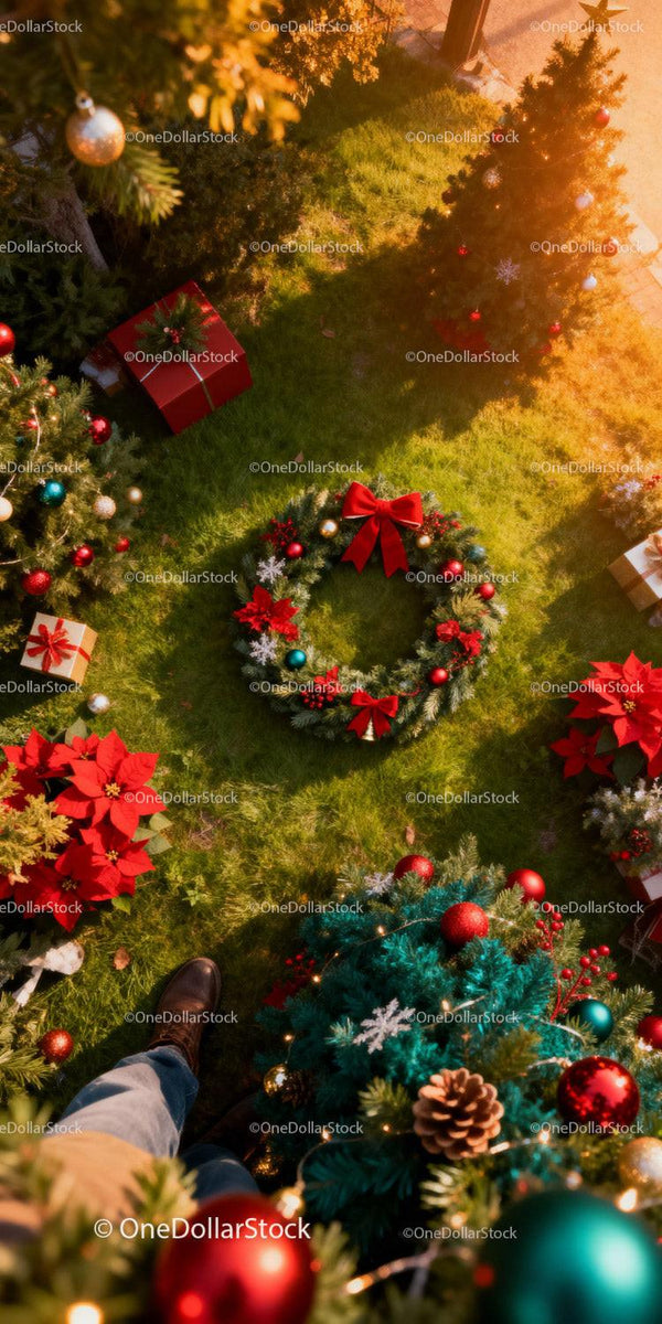 Decorated Outdoor Christmas Wreath and Trees in Sunlight