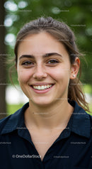 Smiling Young Woman in Casual Outfit Outdoors with Green Background