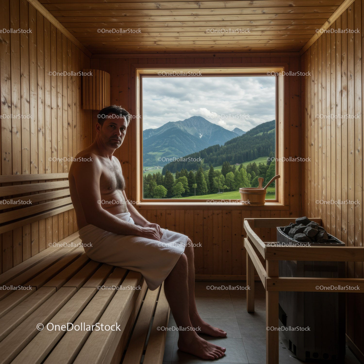 Relaxing Man in Wooden Sauna with Mountain View and Scenic Landscape