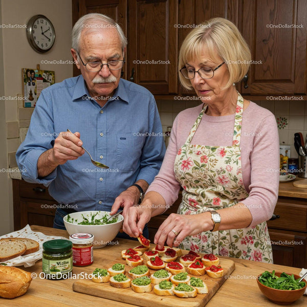 Senior couple preparing fresh homemade appetizers together