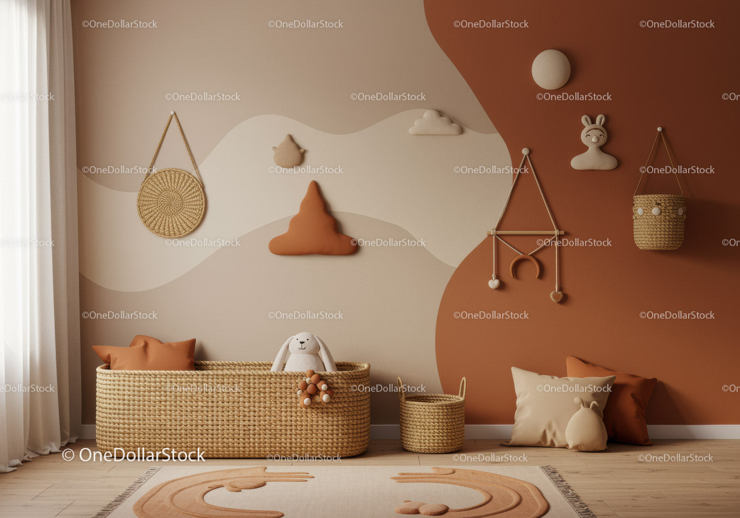 Warm Cozy Nursery Room Decor with Plush Bunny and Cloud Wall Art